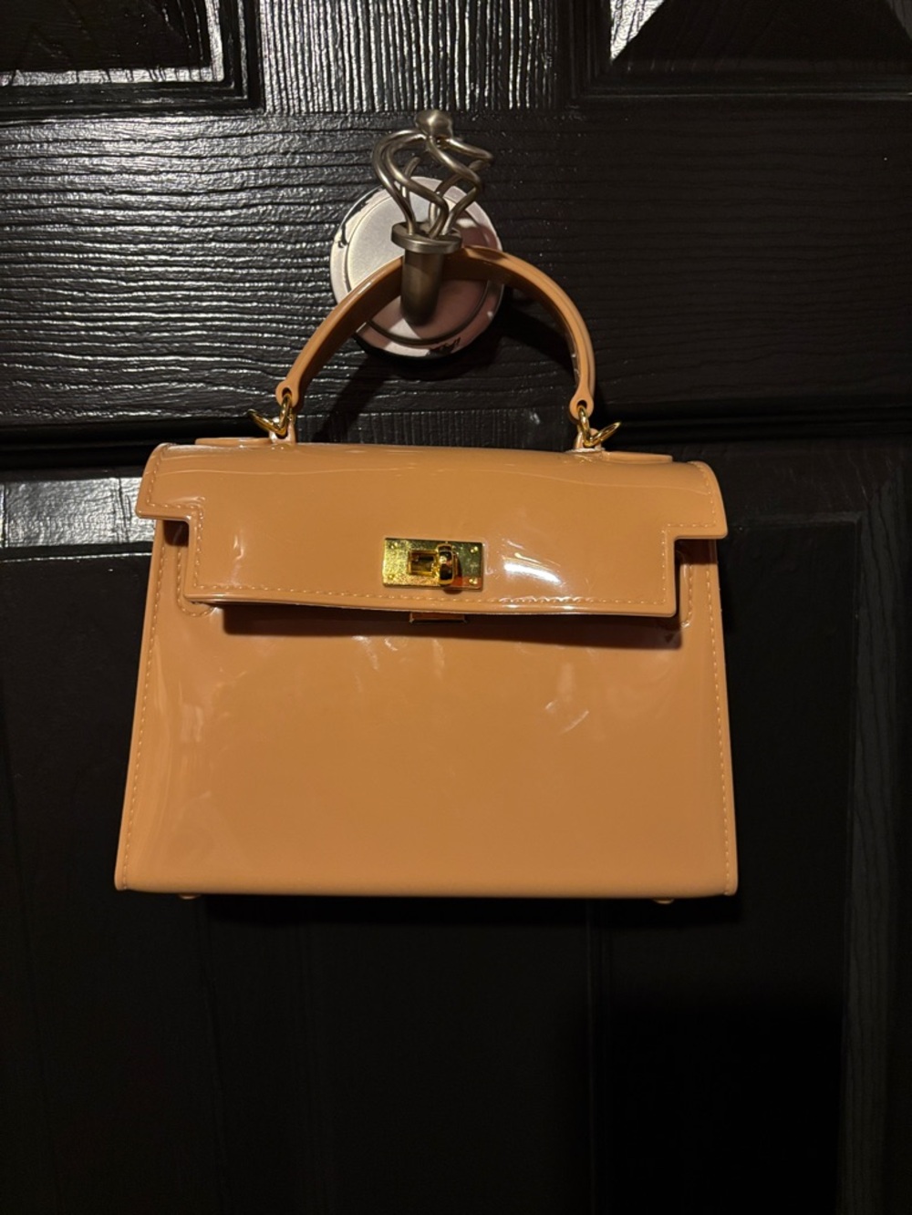 Patent Peach Top-Handle Satchel with Gold-Tone Lock
